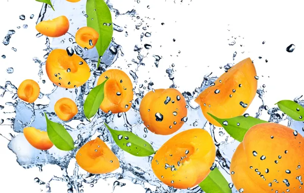 Картинка вода, капли, брызги, свежесть, оранжевый, фрукт, абрикос, water