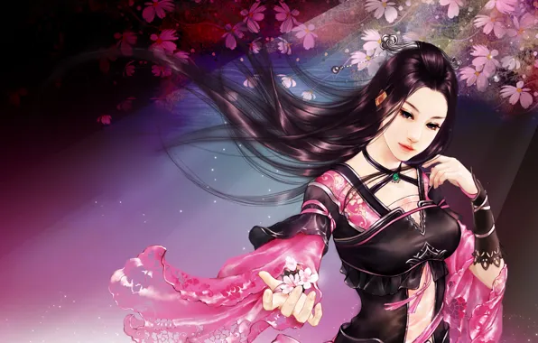 Картинка девушка, лепестки, сакура, арт, азиатка, цветки, zhang xiao bai