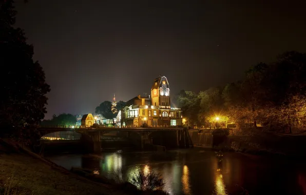 Картинка ночь, мост, дом, река, здание, Чехия, republic, czech