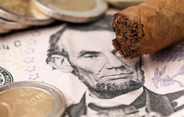Dollar, coins, bill, Cuban cigar