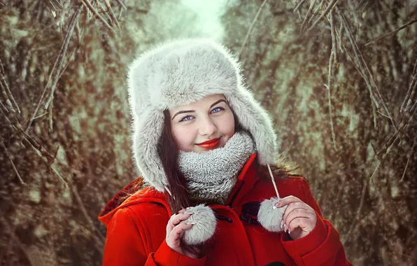Взгляд, улыбка, шапка, пальто, боке, Danka