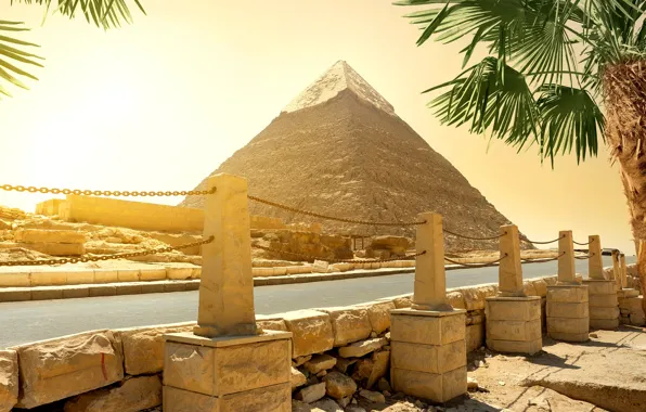 Картинка дорога, солнце, камни, пальмы, пирамида, Египет, Cairo