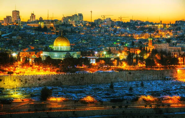 Деревья, огни, дома, вечер, фонари, Израиль, Jerusalem