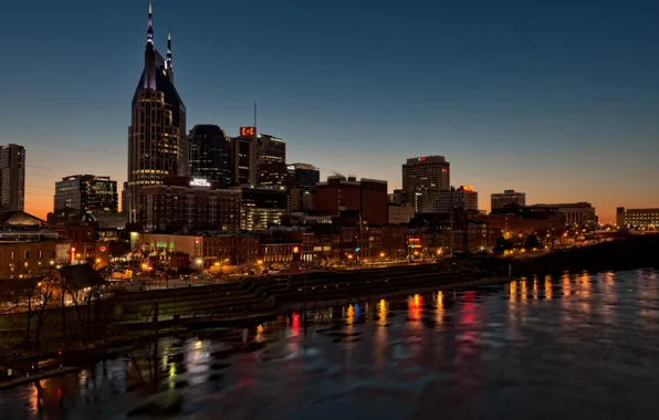 Река, архитектура, сумерки, Nashville, Теннесси, Нэшвилл