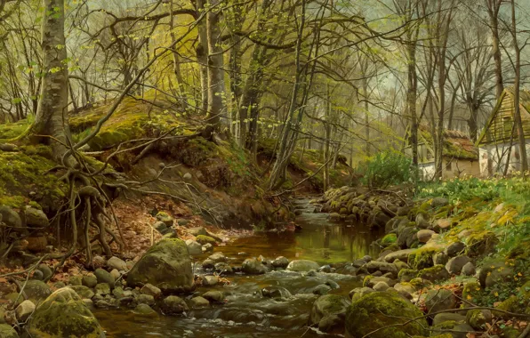 1905, датский живописец, Лесной ручей, Петер Мёрк Мёнстед, Peder Mørk Mønsted, Danish realist painter, oil …