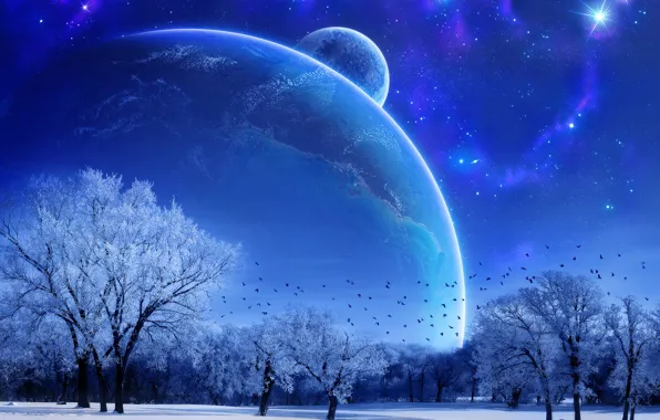Картинка зима, пейзаж, звезда, планета