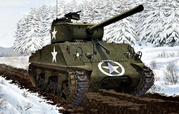 Зима, Лес, USA, Танк, US Army, Cнег, Sherman M4A3(76)W, Грунтовая дорога