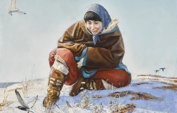 Картинка зима, птички, Andrei Alekseevich Yakovlev, женщина в платке, ARCTIC WONDER