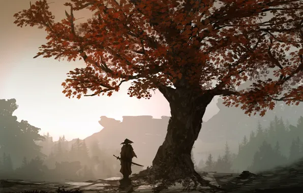 Картинка осень, листья, дерево, человек, меч, воин, арт, самурай