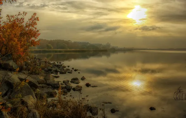 Картинка осень, деревья, туман, река, камни, рассвет, берег, дома
