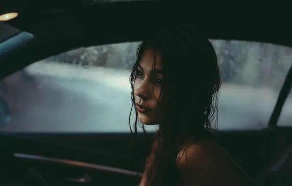 Авто, взгляд, дождь, портрет, макияж
