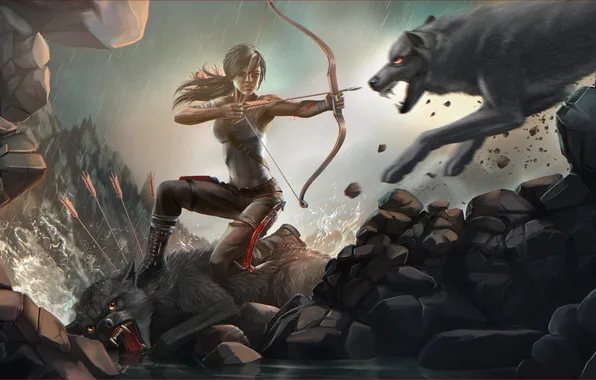 Картинка девушка, арт, волки, Tomb Raider