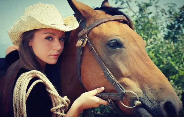 Hat, brunette, horse, Cowgirl, girl. teen