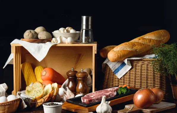 Зелень, кукуруза, лук, хлеб, мясо, морковь, специи