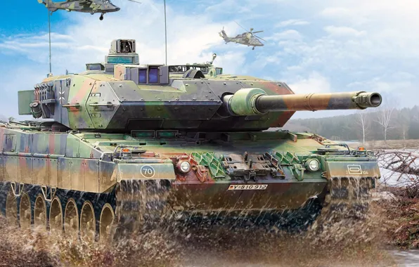 Рисунок, Германия, арт, Leopard 2, Леопард 2, Eurocopter Tiger, немецкий основной боевой танк, современный ударный …
