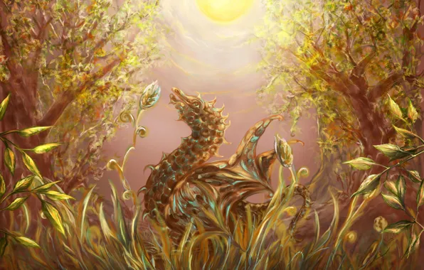 Картинка трава, солнце, свет, деревья, дракон, Лес