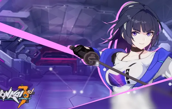 Взгляд, девушка, меч, Honkai Impact 3rd, Raiden Mei