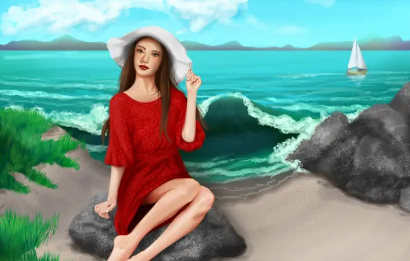 Картинка шляпа, взгляд, арт, живопись, ножки, песок, море, красное платье