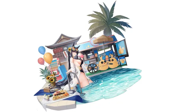 Girl, sexy, pool, cleavage, long hair, boobs, anime, blue eyes