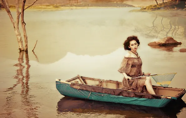 Картинка девушка, озеро, лодка