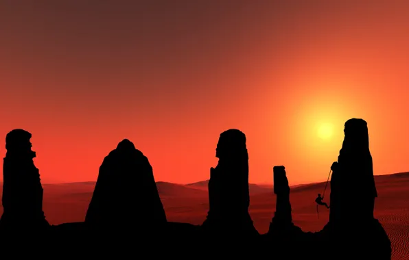 Sun, moutains, sunset In mountains, climbing rope