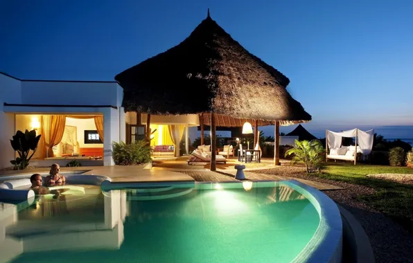 Океан, вилла, вечер, бассейн, Африка, курорт, Занзибар, Zanzibar