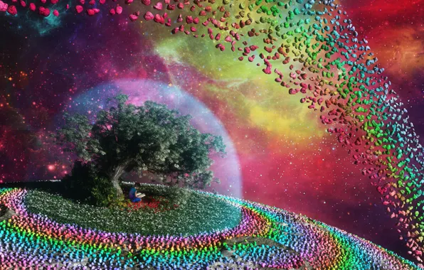 Космос, камни, фантазия, дерево, радуга, мальчик, сфера