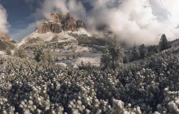 Картинка зима, облака, снег, деревья, горы, долина