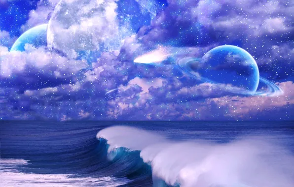 Картинка море, волны, небо, космос, звезды, облака, планета, кольца