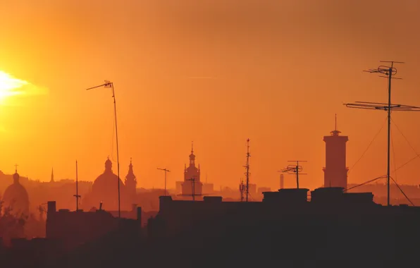 Крыша, закат, антенна, панорама