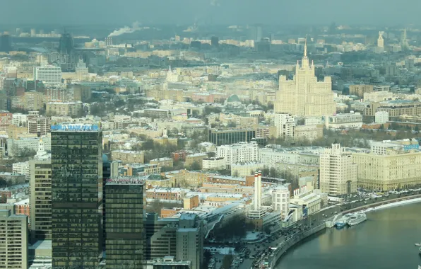 Картинка город, река, здания, дома, Москва, столица, Moskow, панорама высота