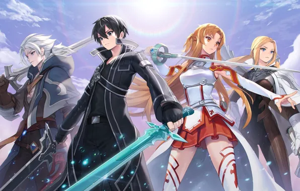Небо, облака, оружие, девушки, аниме, парни, Sword Art Online