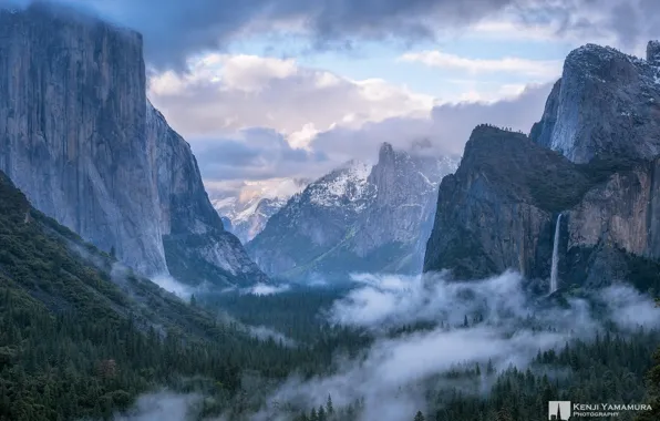 Пейзаж, горы, тучи, природа, парк, водопад, Yosemite