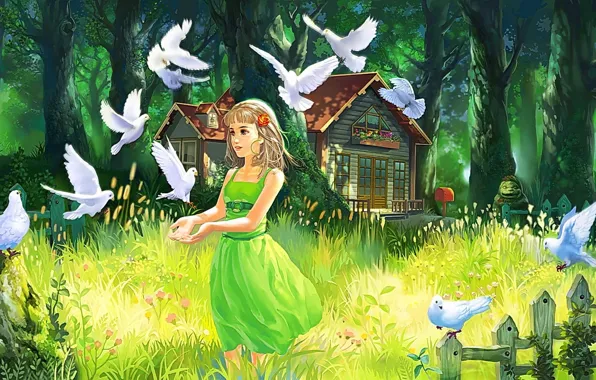 Картинка взгляд, белые голуби, арт, природа, деревья, живопись, волосы, забор