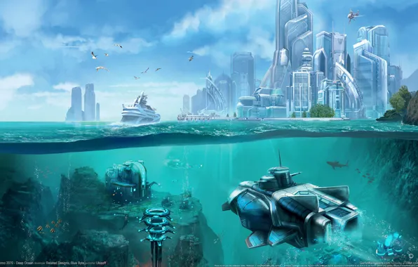 Картинка небо, город, будущее, океан, корабль, чайки, станция, future