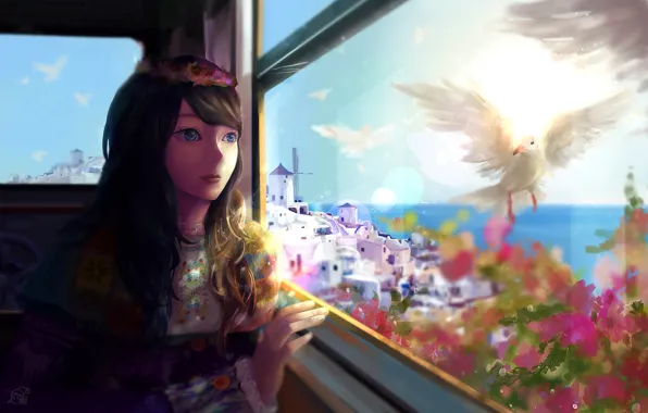 Девушка, цветы, птицы, город, океан, аниме, окно, арт