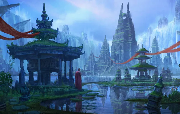 Картинка вода, фантастика, башня, монах, храм, atlantis, art