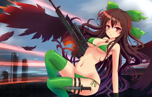 Девушка, оружие, крылья, перья, нож, автомат, reiuji utsuho, touhou