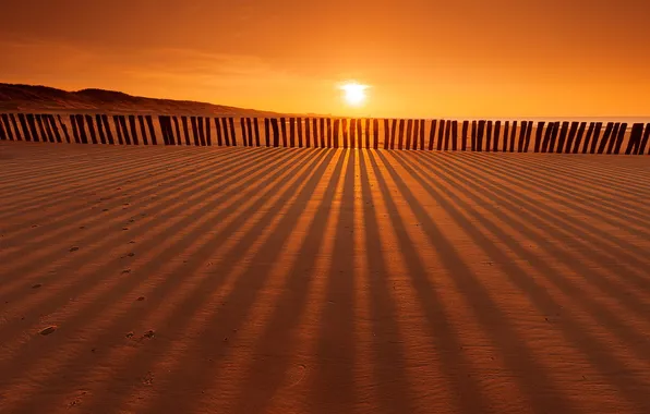 Пляж, пейзаж, закат, природа, опора