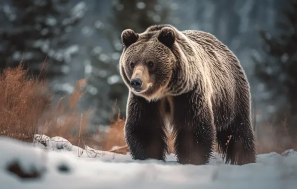Зима, снег, природа, медведь, прогулка, бурый, цифровое искусство, ИИ-арт