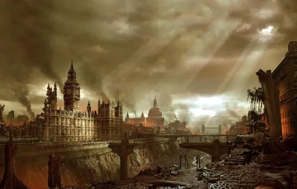 Картинка город, апокалипсис, Лондон, здания, катастрофа, Биг Бен