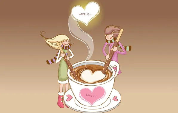 Любовь, кофе, палочки, пара, сердечки, чудесное чувство, love is