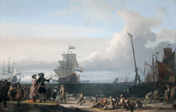 Пейзаж, люди, картина, Людольф Бакхёйзен, Голландские Корабли на Рейде у Тексела