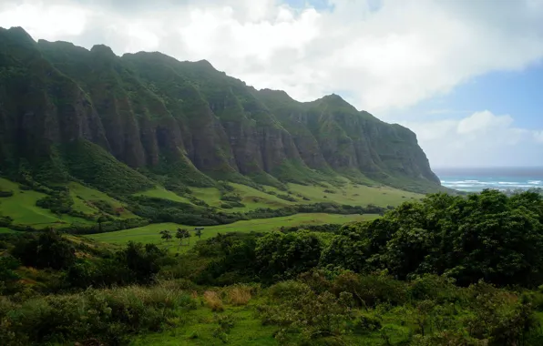 Картинка море, небо, горы, долина, дымка