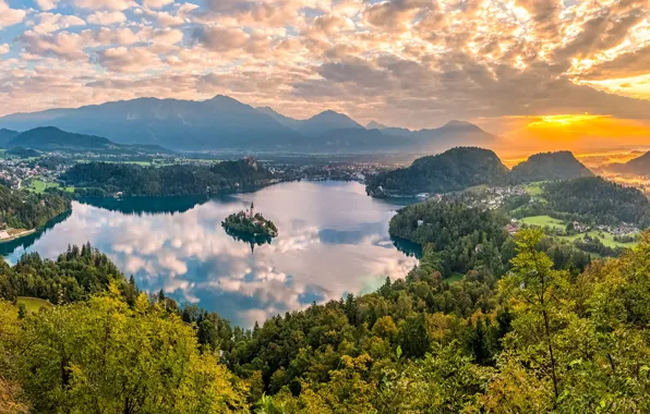 Картинка озеро, остров, красота, утро