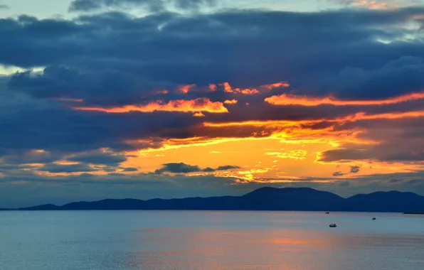 Twilight, sea, ocean, seascape, mountains, dusk, boats, silhouettes
