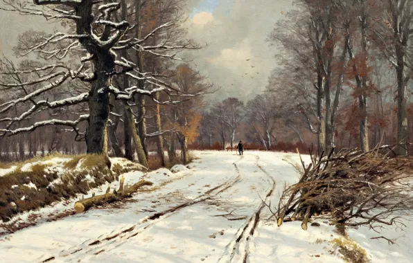 Картинка датский живописец, oil on canvas, Vinterbillede fra skovene ved Hillerød, Торвальд Нисс, Danish landscape painter, …