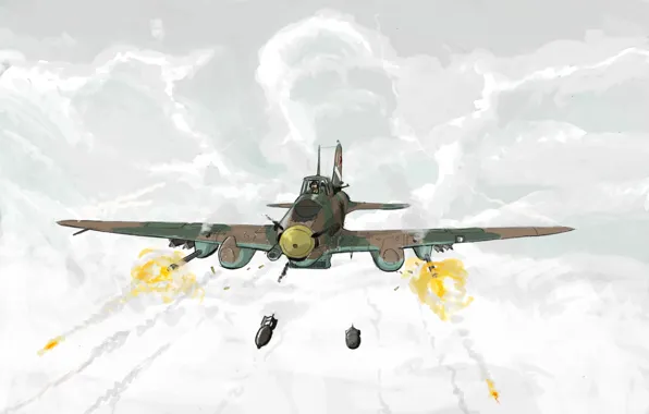 Облака, рисунок, арт, стрельба, штурмовик, бомбы, ВВС СССР, Ильюшин