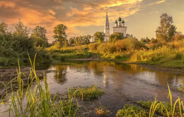 Пейзаж, закат, природа, село, храм, берега, Ярославская область, речушка