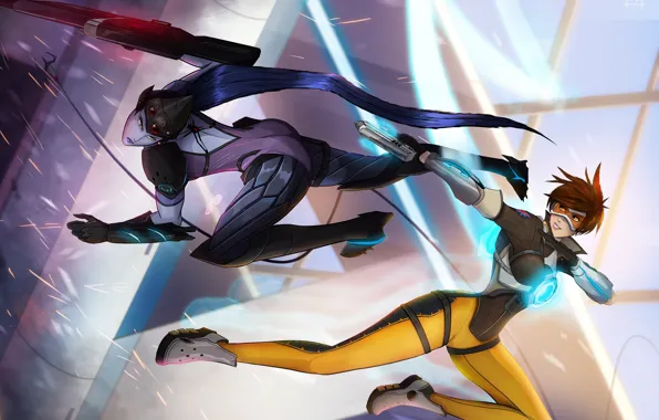 Blizzard, art, Overwatch, Tracer, Widowmaker, Lena Oxton, Amelie LaCroix